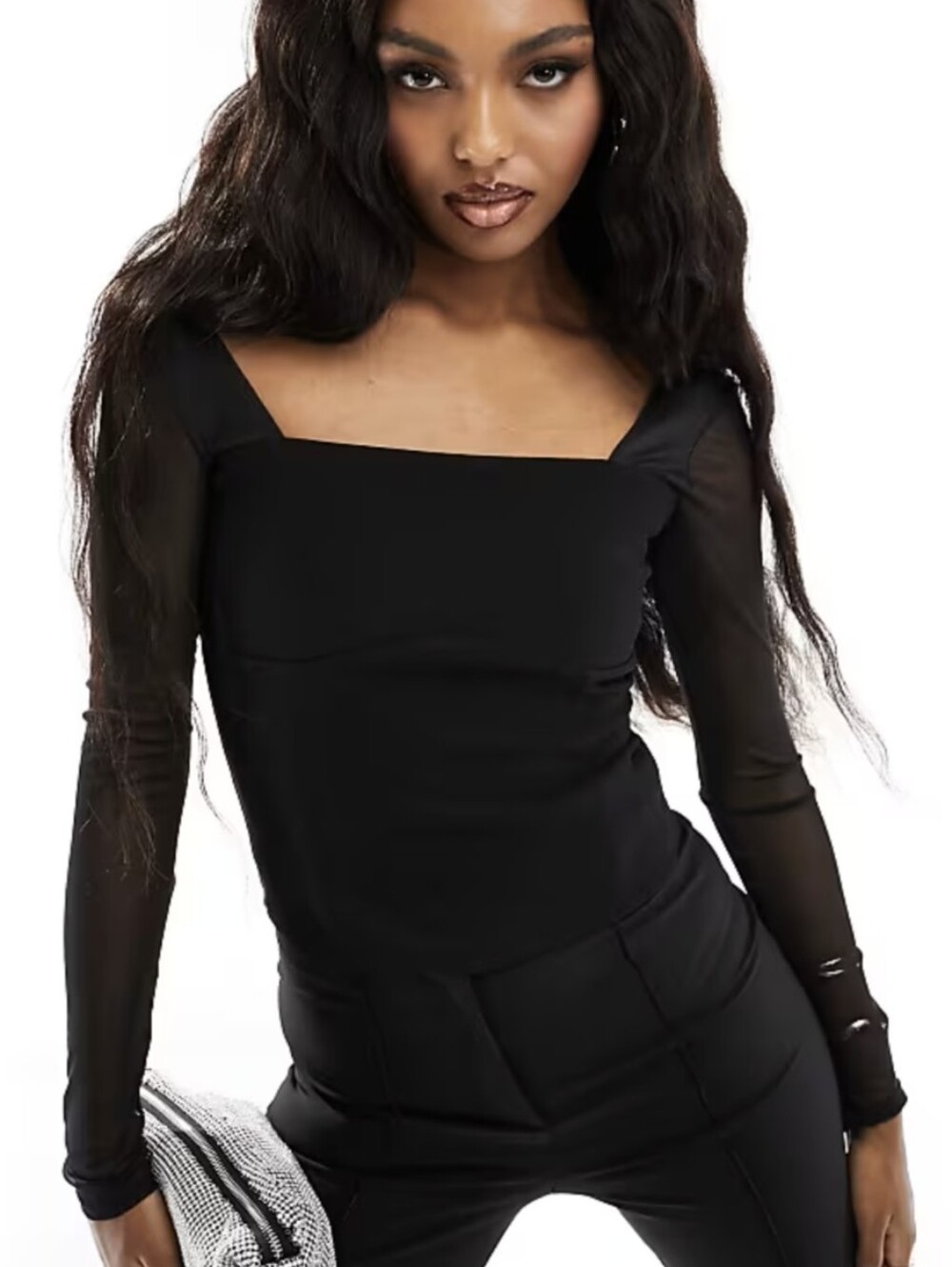 Abercrombie & Fitch Black Square-Neck Mesh Long Sleeve Top Whimsigoth Y2K XL
